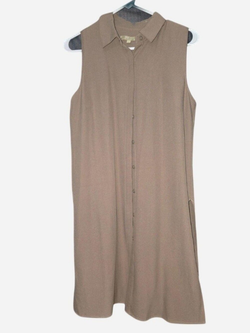 Joan Vass Studio Women’s Small Taupe Sleeveless Button Front Midi Shirt Dress